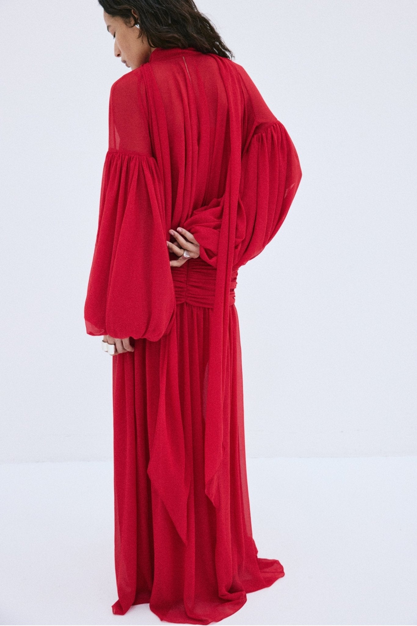 SOCORRO MAXI DRESS IN RUBY RED POLY CHIFFON - De La Vali