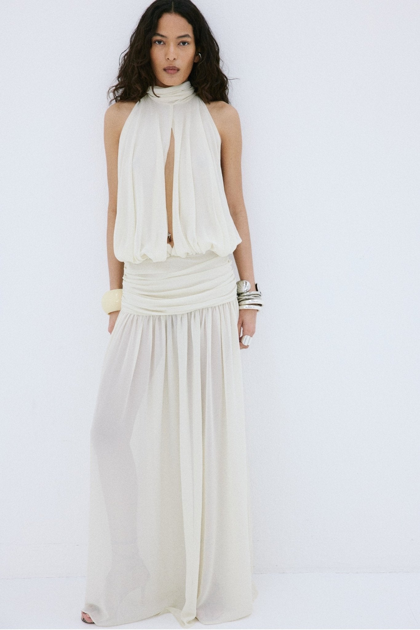 CRUZ MAXI DRESS IN CREAM POLY CHIFFON - De La Vali