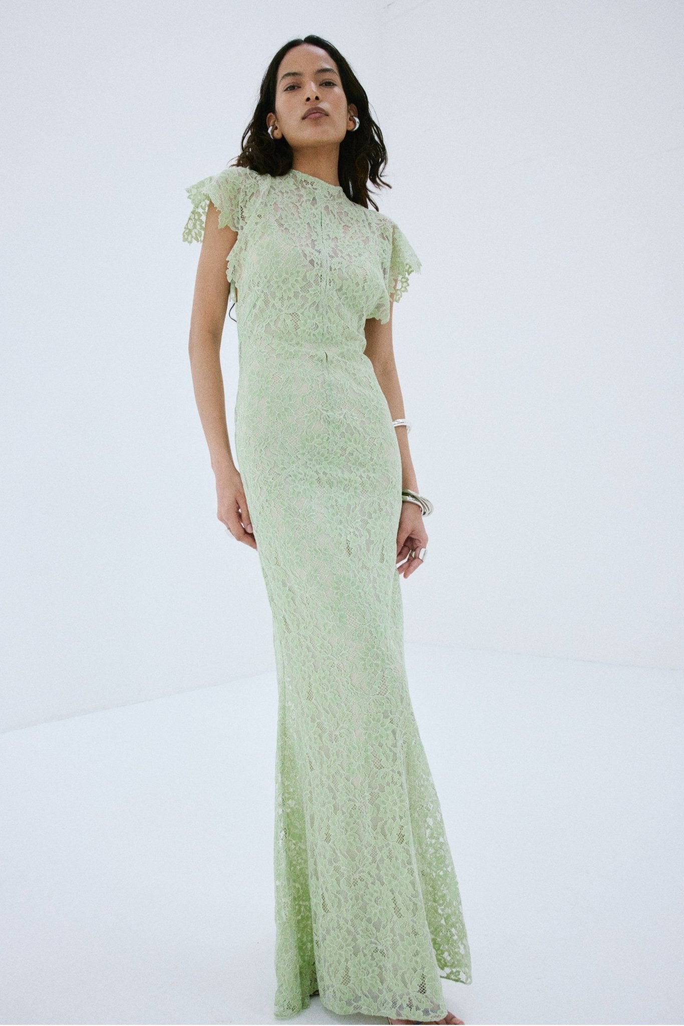 LAIA MAXI DRESS IN MINT GREEN NYLON LACE - De La Vali