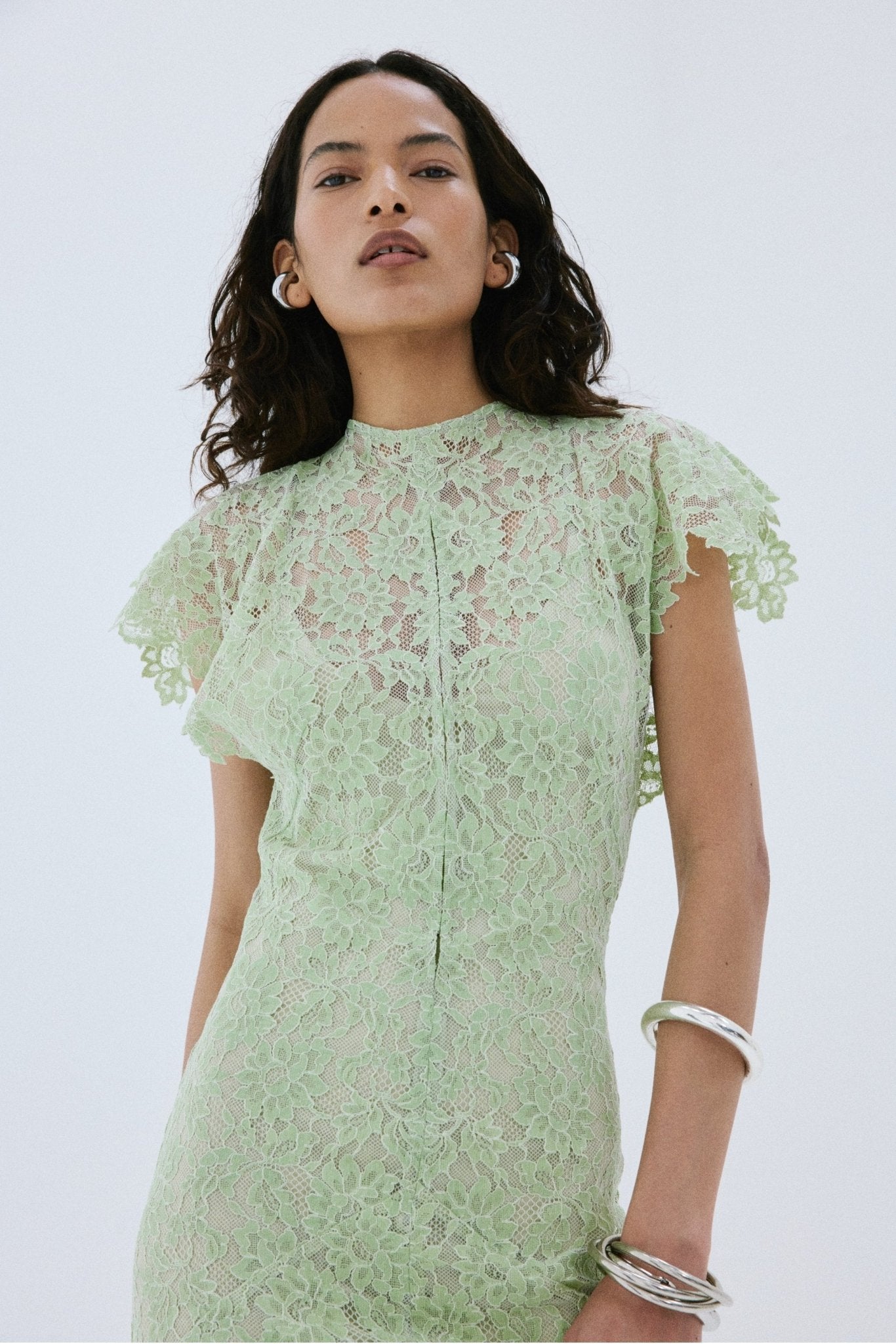 LAIA MAXI DRESS IN MINT GREEN NYLON LACE - De La Vali