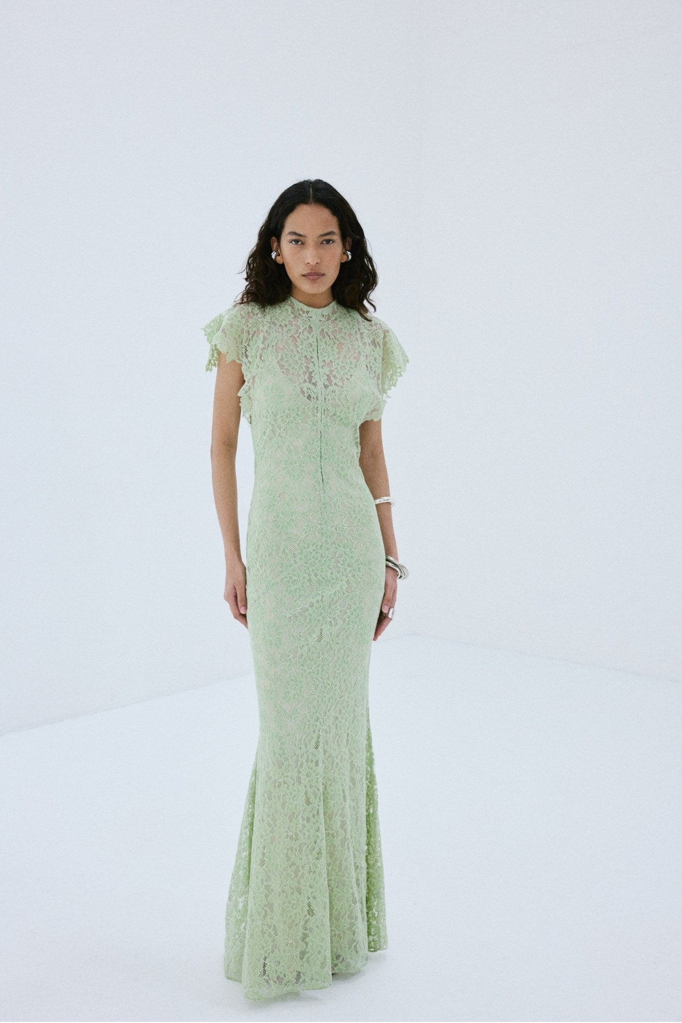 LAIA MAXI DRESS IN MINT GREEN NYLON LACE - De La Vali