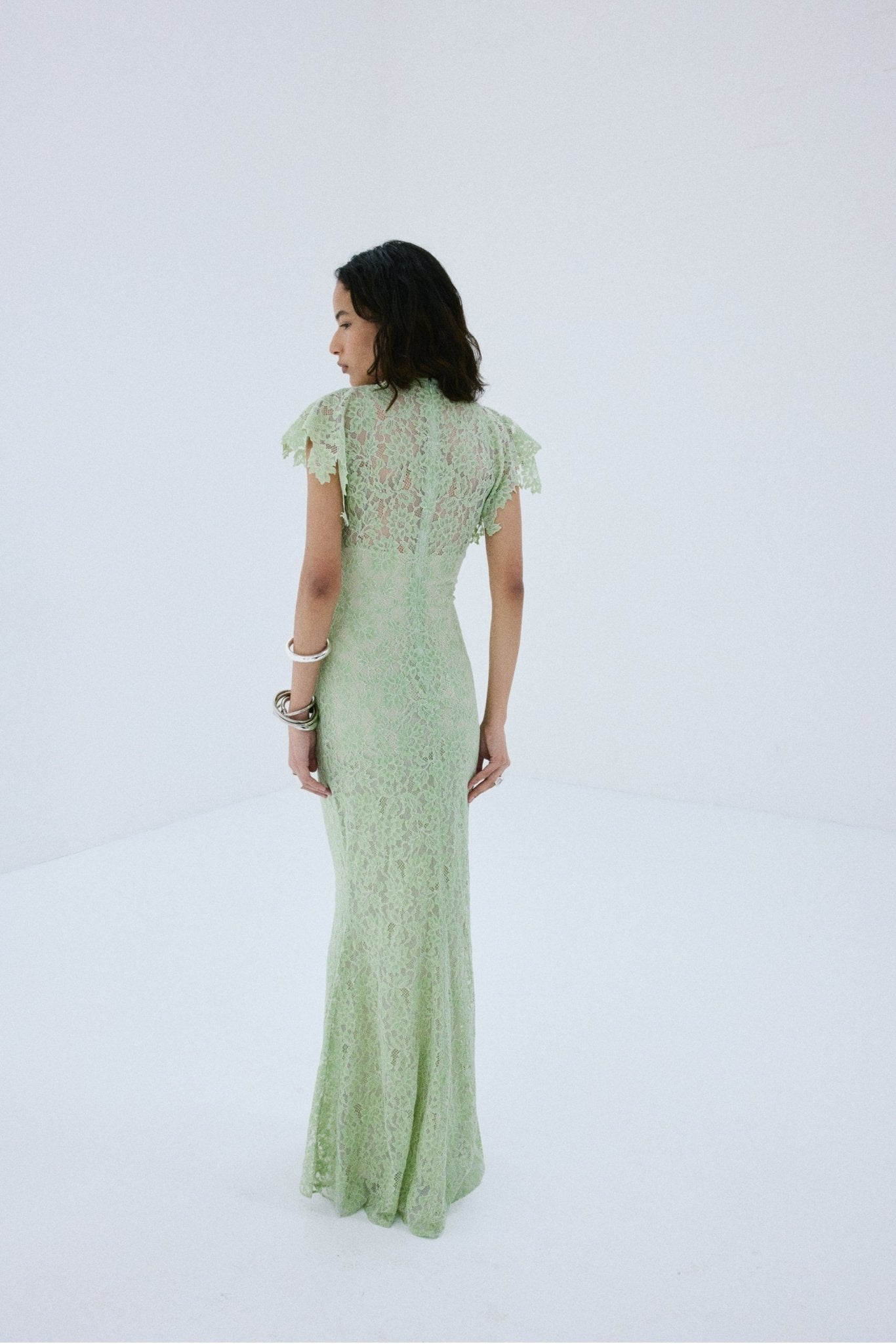 LAIA MAXI DRESS IN MINT GREEN NYLON LACE - De La Vali