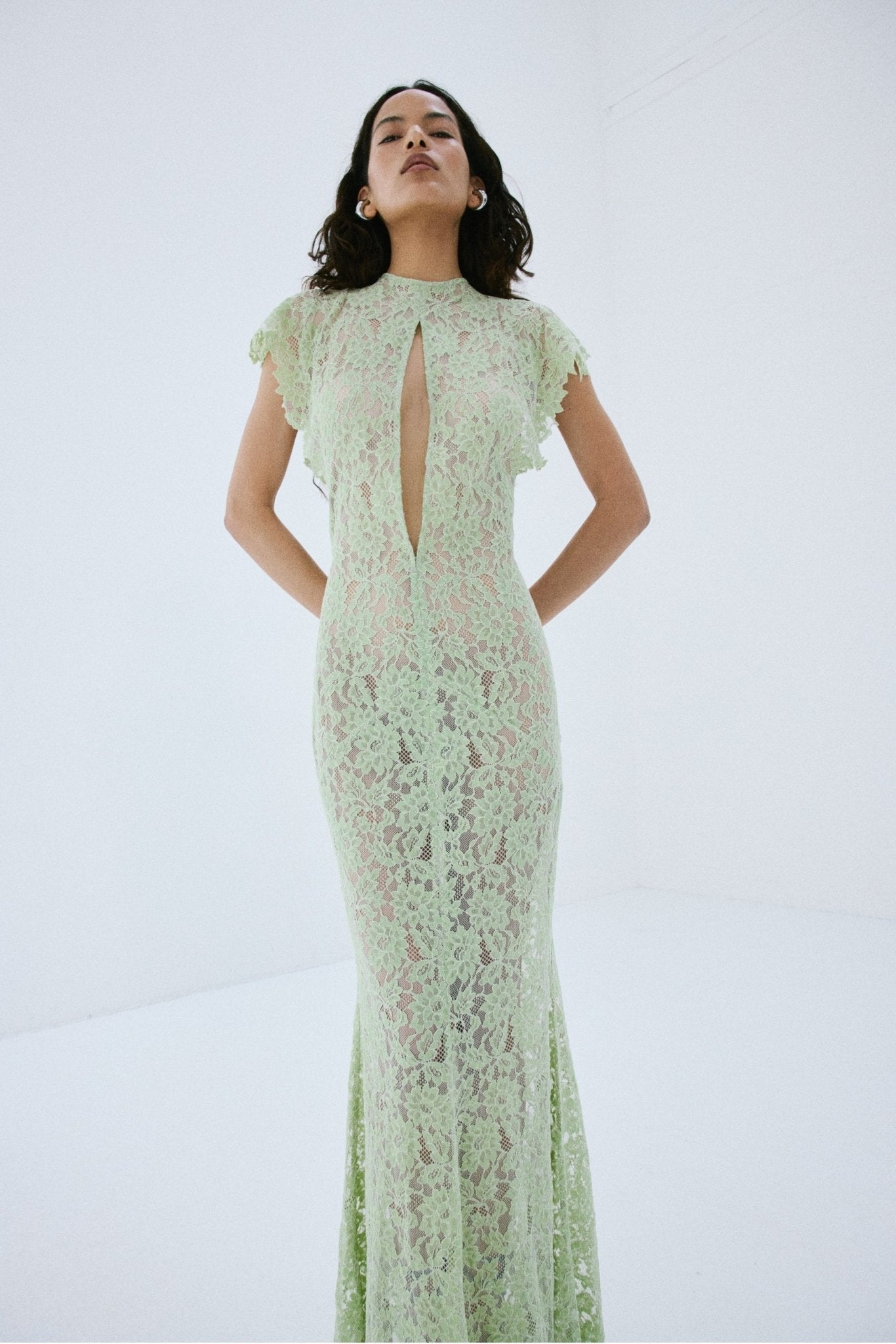 LAIA MAXI DRESS IN MINT GREEN NYLON LACE - De La Vali