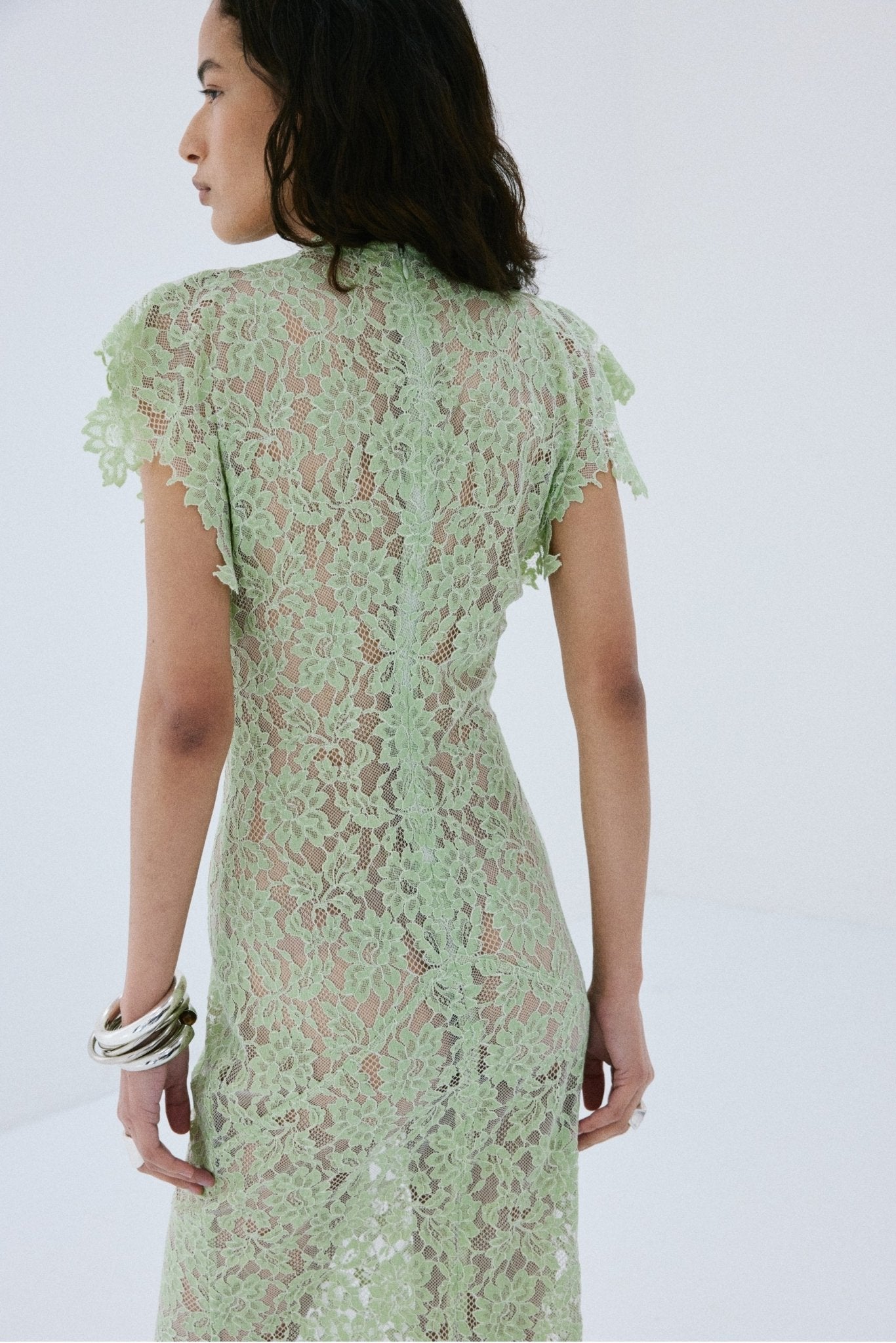 LAIA MAXI DRESS IN MINT GREEN NYLON LACE - De La Vali