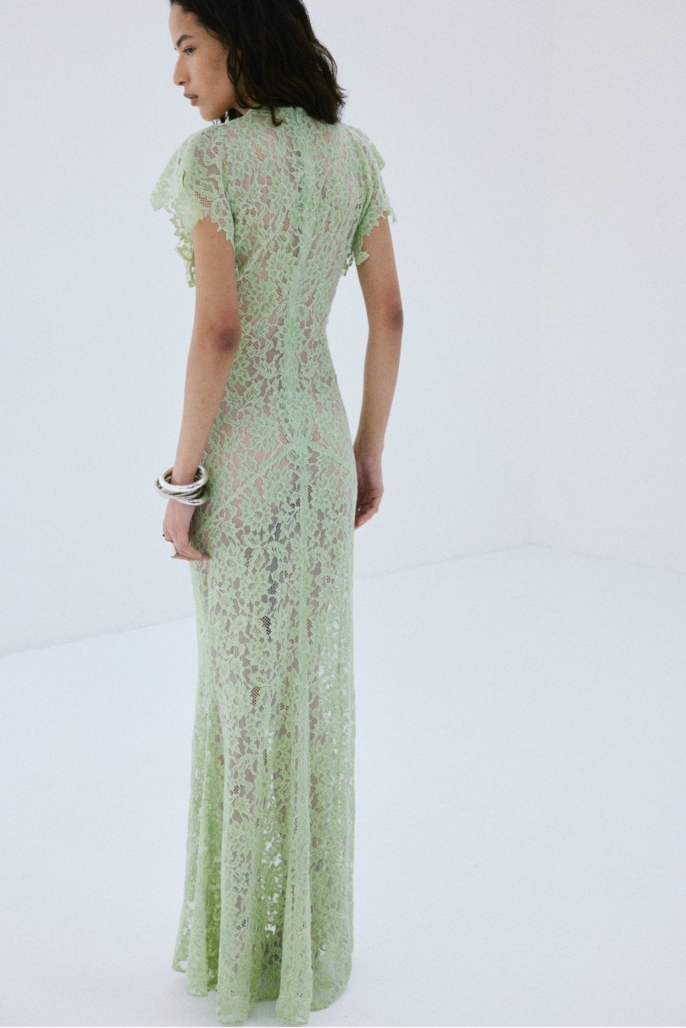 LAIA MAXI DRESS IN MINT GREEN NYLON LACE - De La Vali