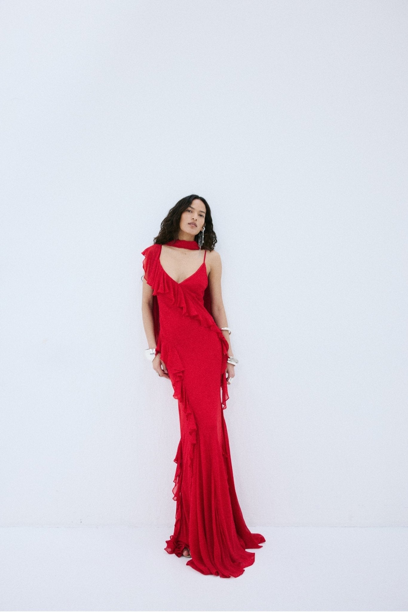 MAYARA MAXI DRESS IN RUBY RED VISCOSE GEORGETTE - De La Vali