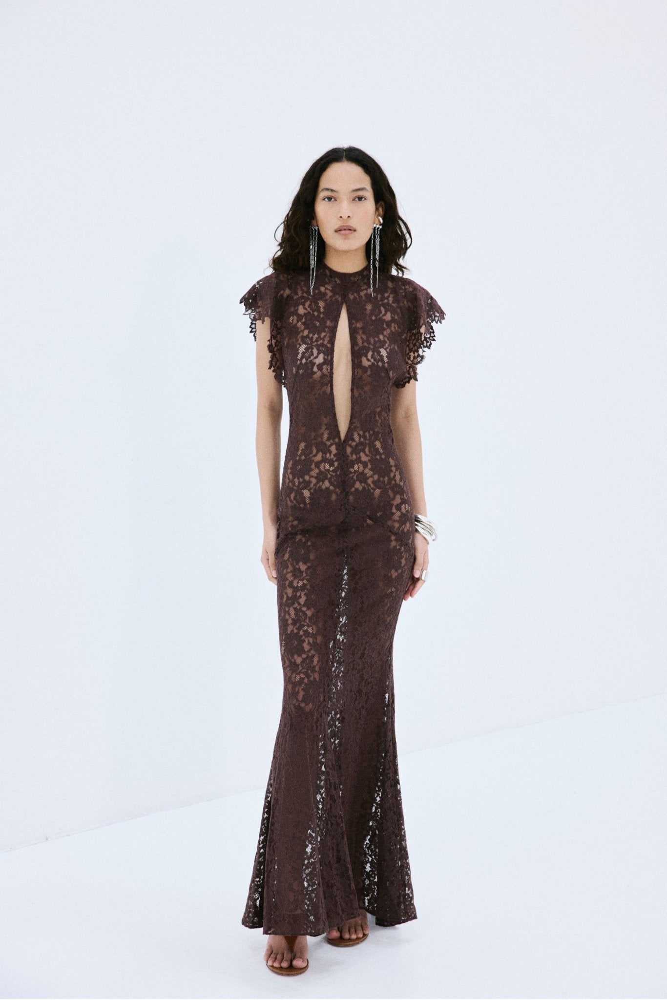 LAIA MAXI DRESS IN BROWN NYLON LACE - De La Vali