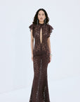 LAIA MAXI DRESS IN BROWN NYLON LACE - De La Vali