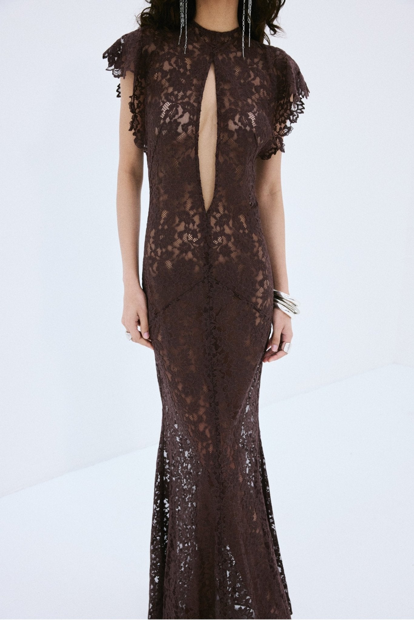 LAIA MAXI DRESS IN BROWN NYLON LACE - De La Vali
