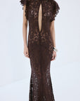 LAIA MAXI DRESS IN BROWN NYLON LACE - De La Vali