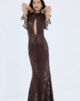 LAIA MAXI DRESS IN BROWN NYLON LACE - De La Vali