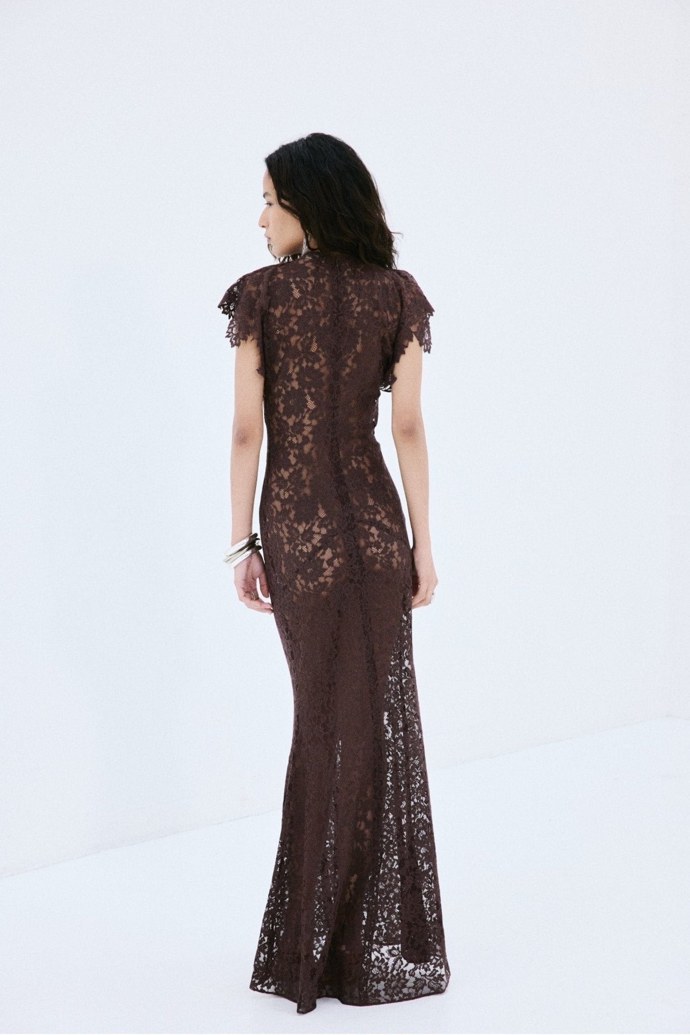 LAIA MAXI DRESS IN BROWN NYLON LACE - De La Vali