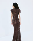 LAIA MAXI DRESS IN BROWN NYLON LACE - De La Vali