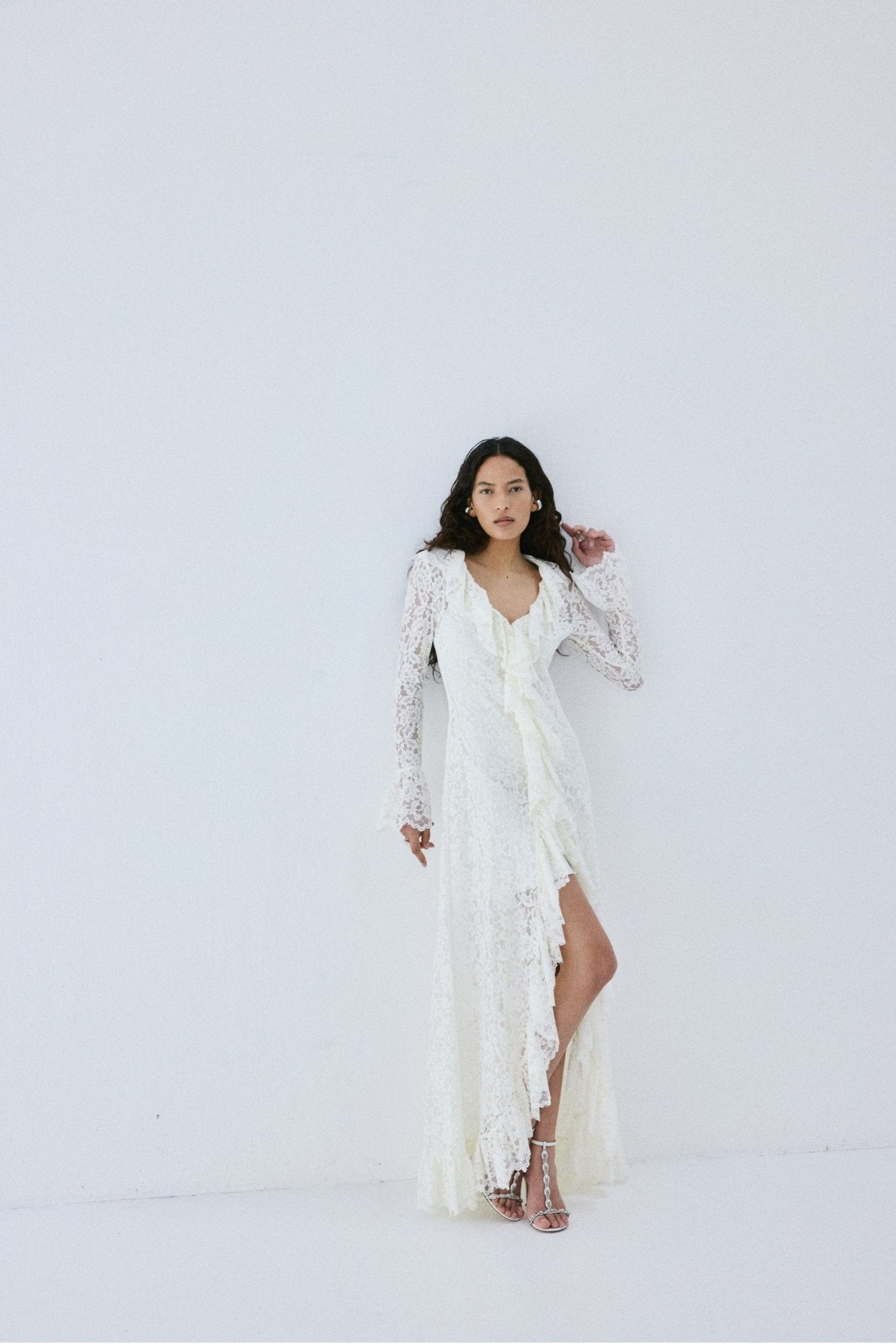 CLEMENTINA MAXI DRESS IN IVORY NYLON LACE - De La Vali