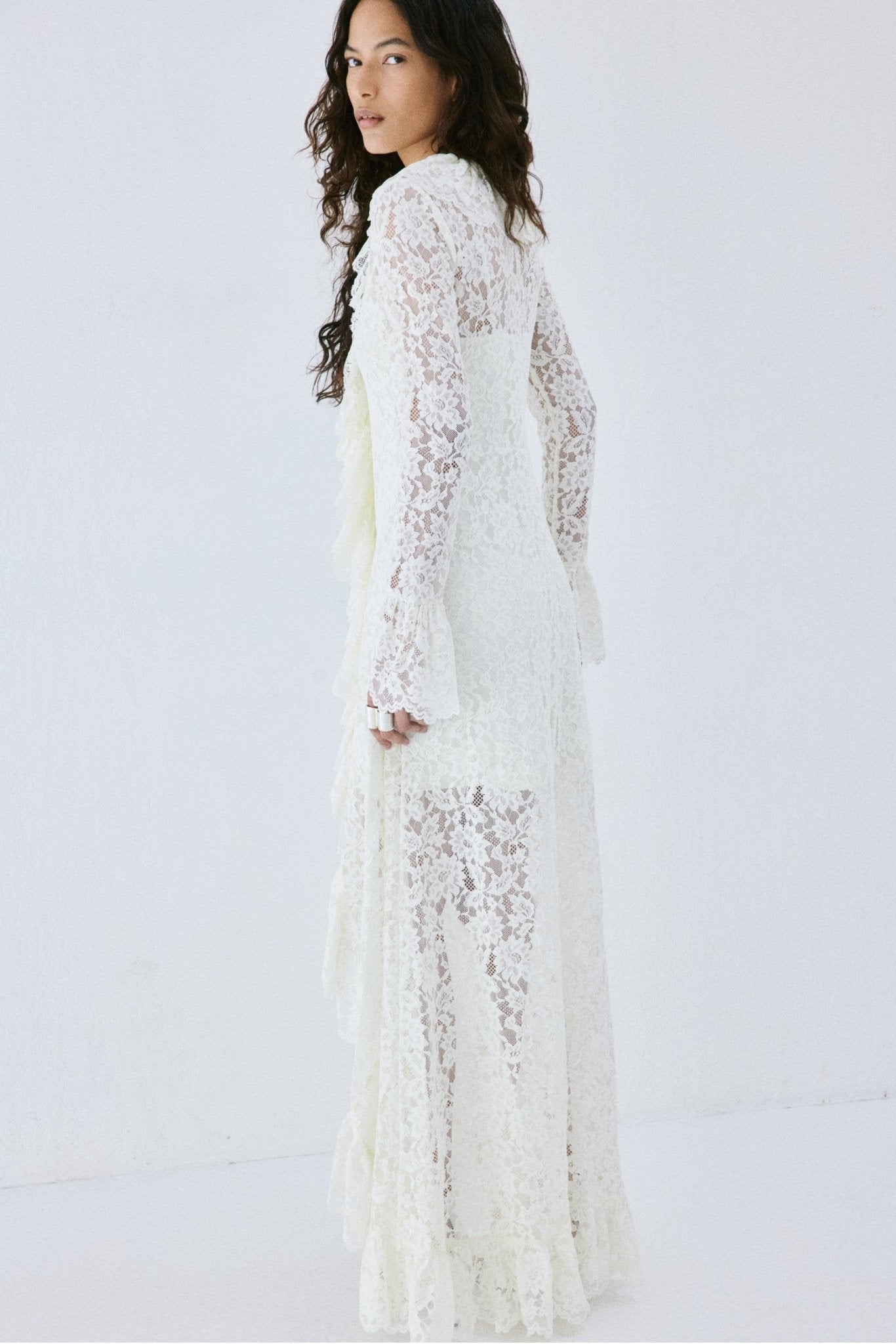 CLEMENTINA MAXI DRESS IN IVORY NYLON LACE - De La Vali