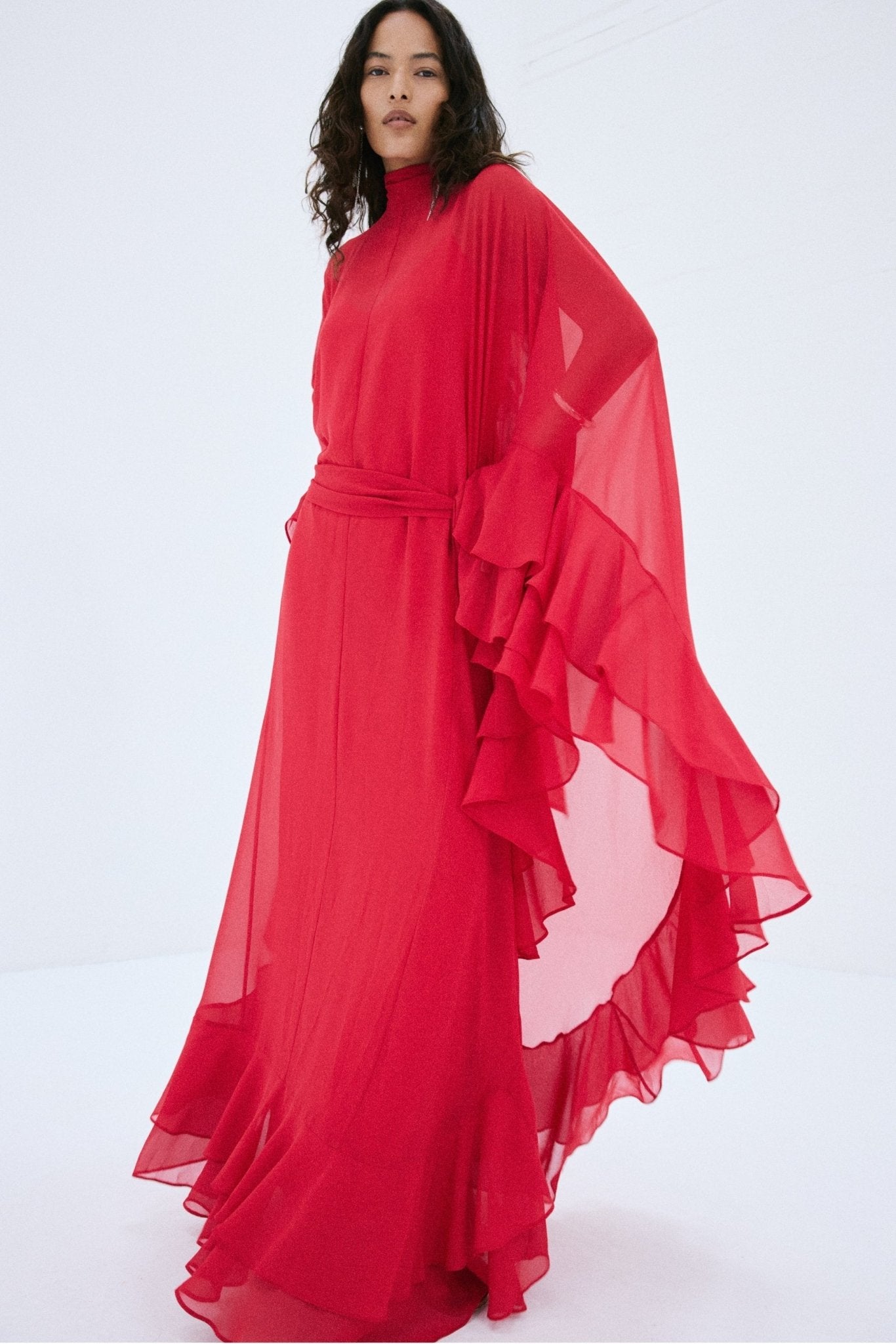 SOCORRO MAXI DRESS IN RUBY RED POLY CHIFFON - De La Vali
