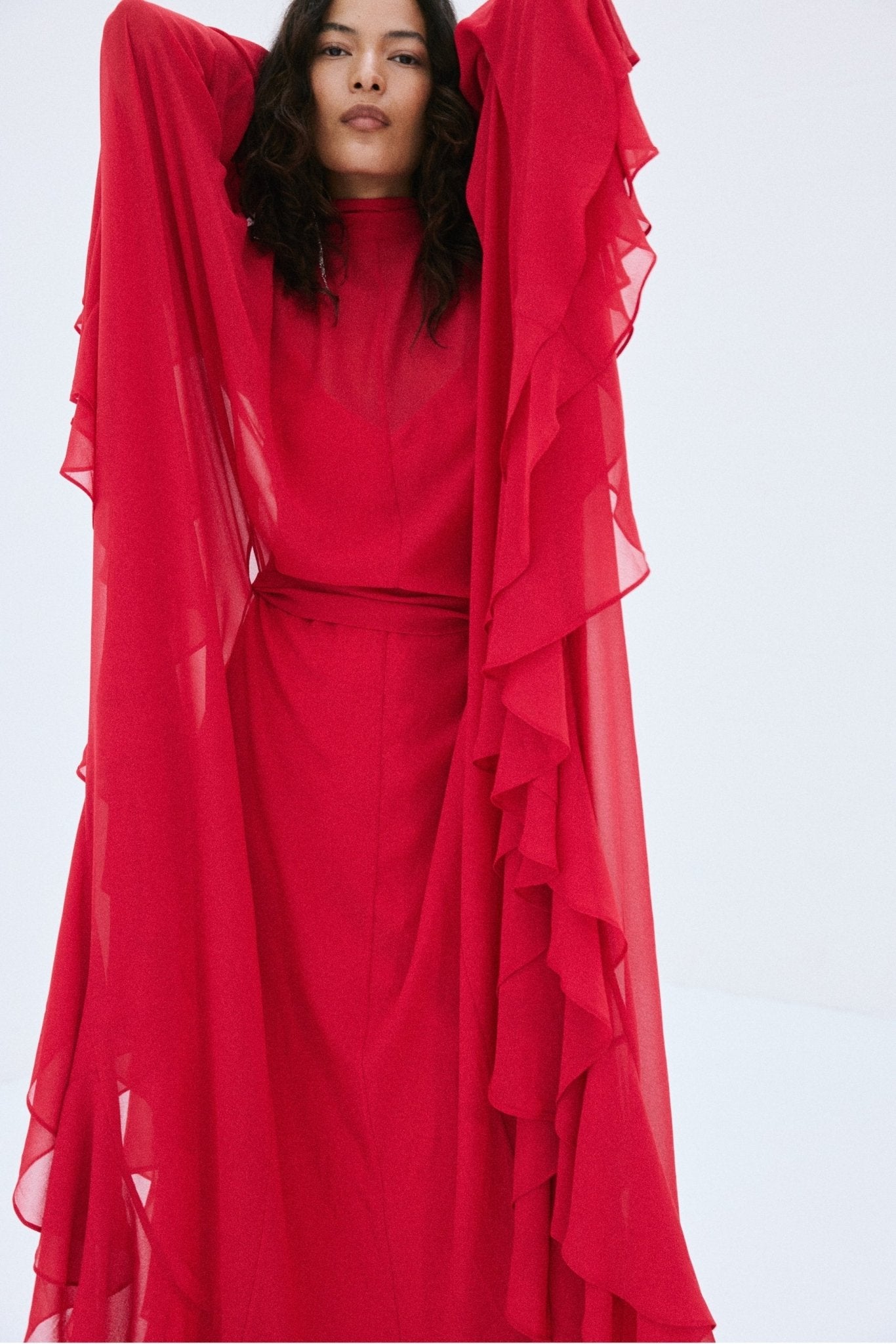 SOCORRO MAXI DRESS IN RUBY RED POLY CHIFFON - De La Vali