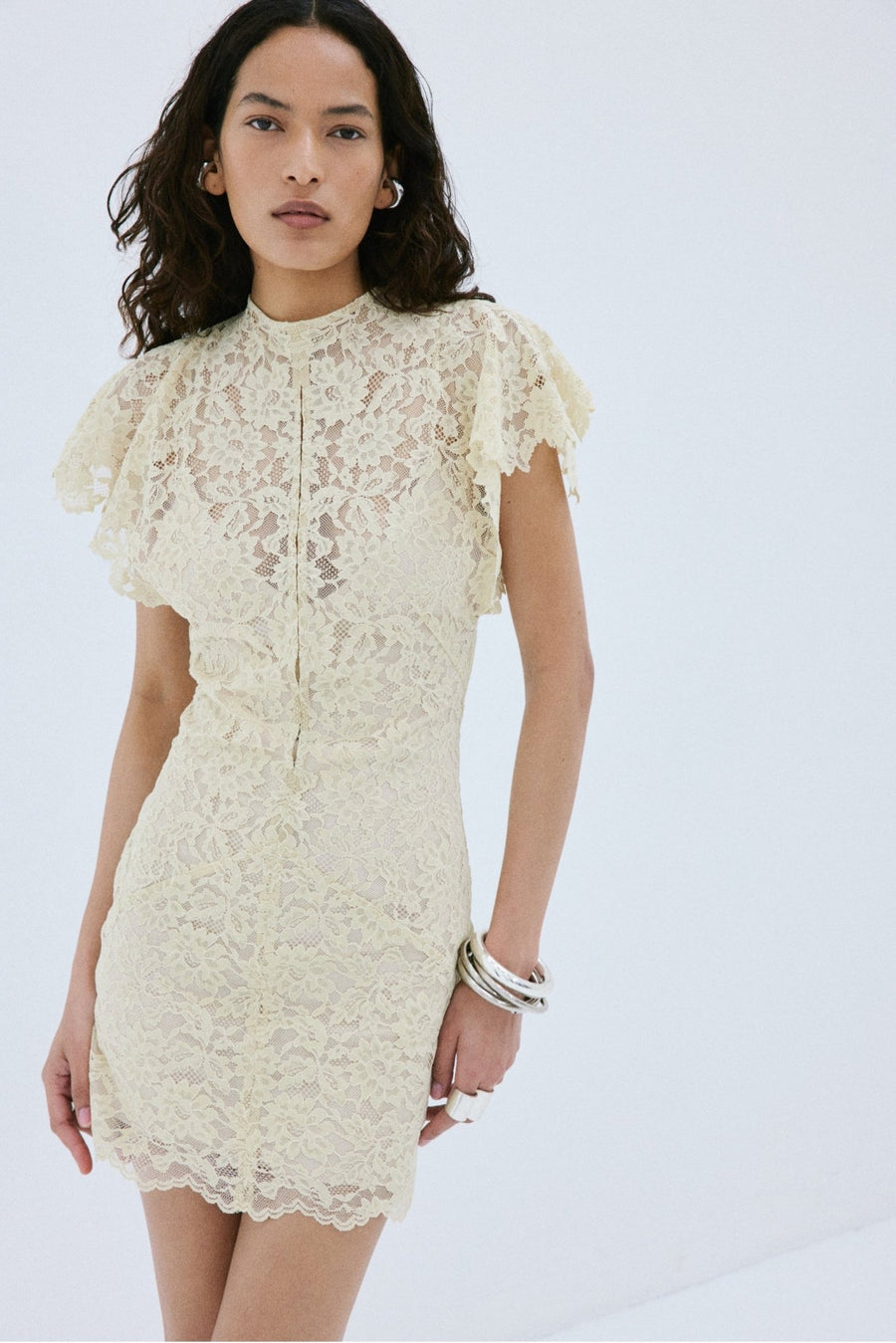LAIA MINI DRESS IN ANTIQUE YELLOW NYLON LACE | DE LA VALI – DE LA