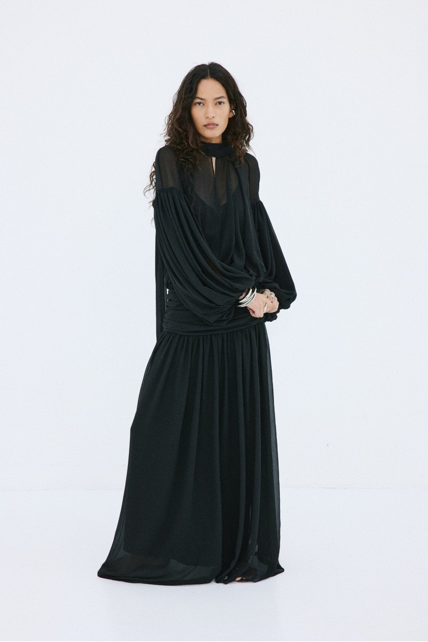 SOLANA MAXI DRESS IN BLACK POLY CHIFFON - De La Vali