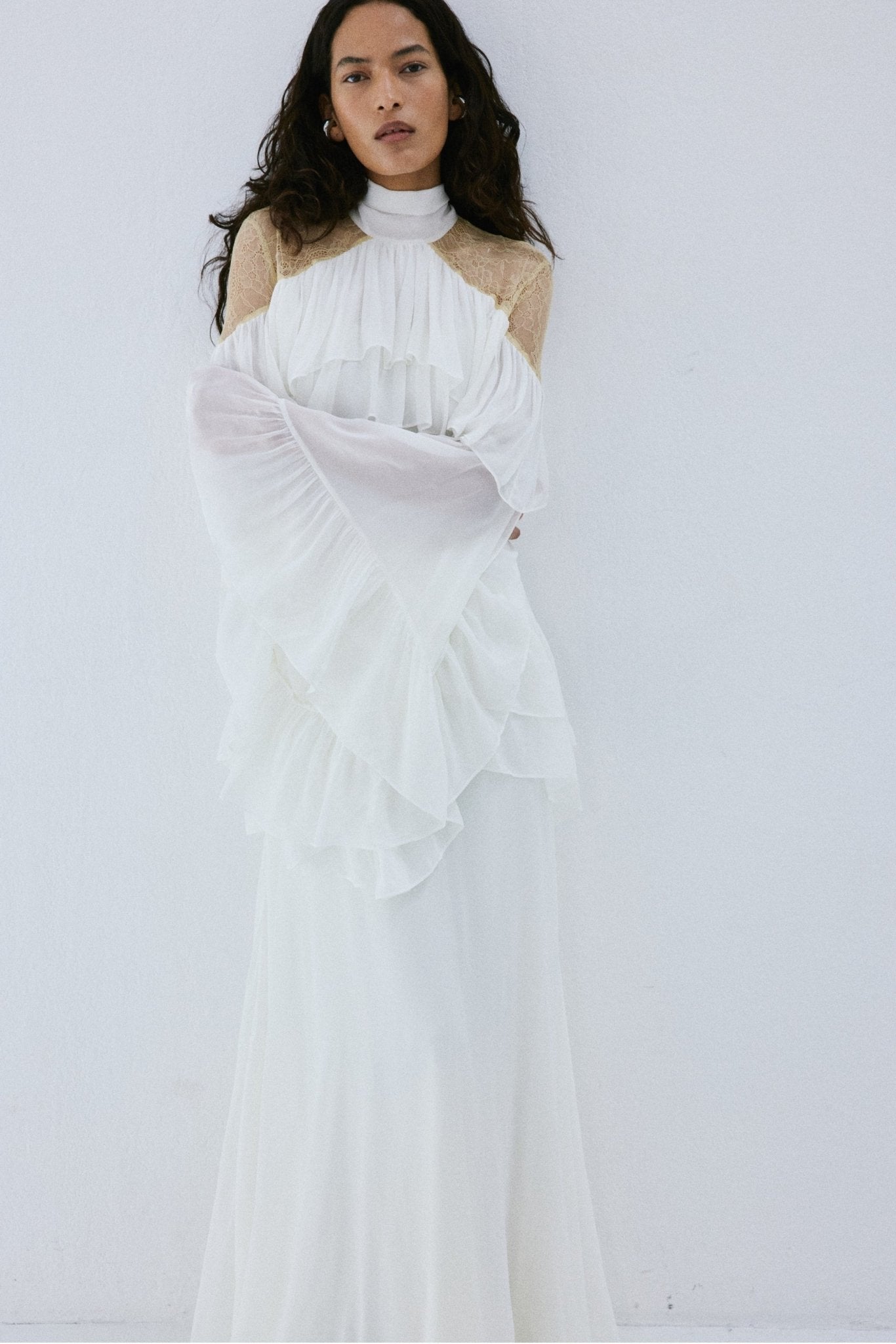 ETEREO MAXI DRESS IN IVORY VISCOSE GEORGETTE AND LACE - De La Vali