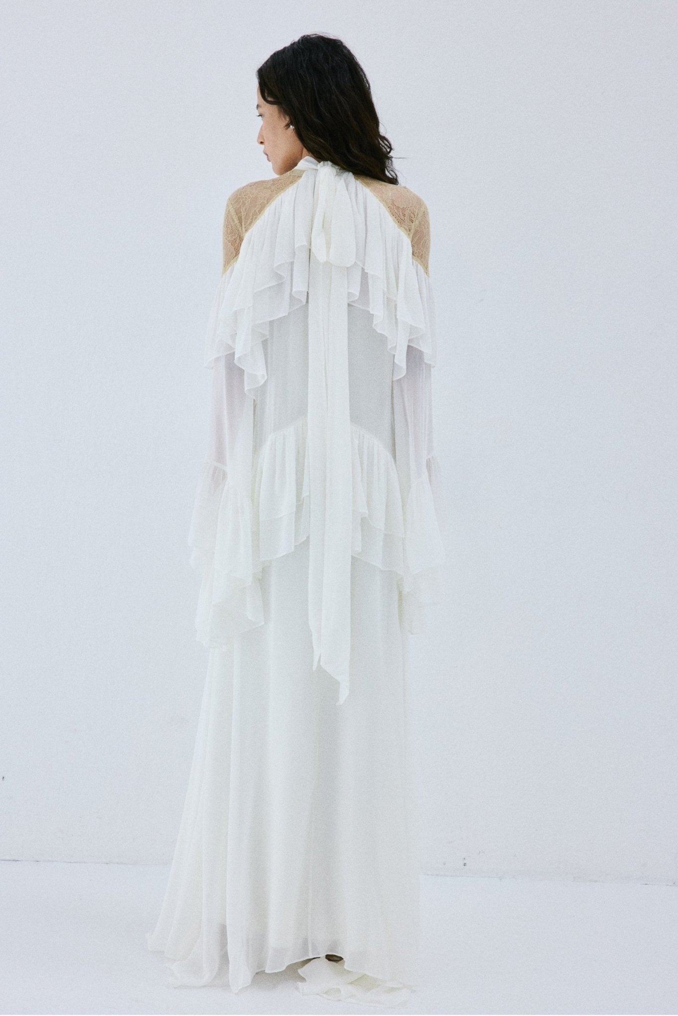 ETEREO MAXI DRESS IN IVORY VISCOSE GEORGETTE AND LACE - De La Vali