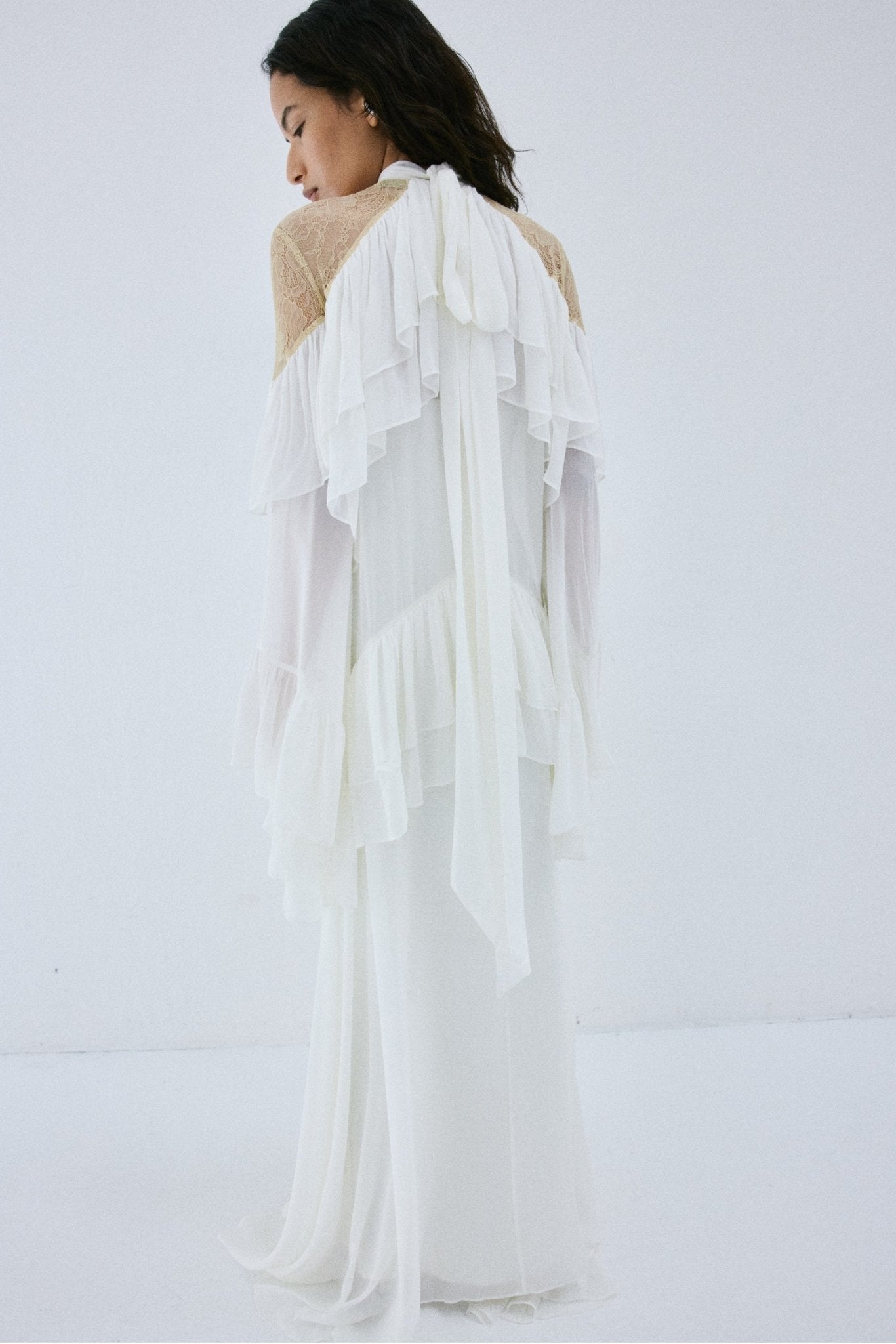 ETEREO MAXI DRESS IN IVORY VISCOSE GEORGETTE AND LACE - De La Vali
