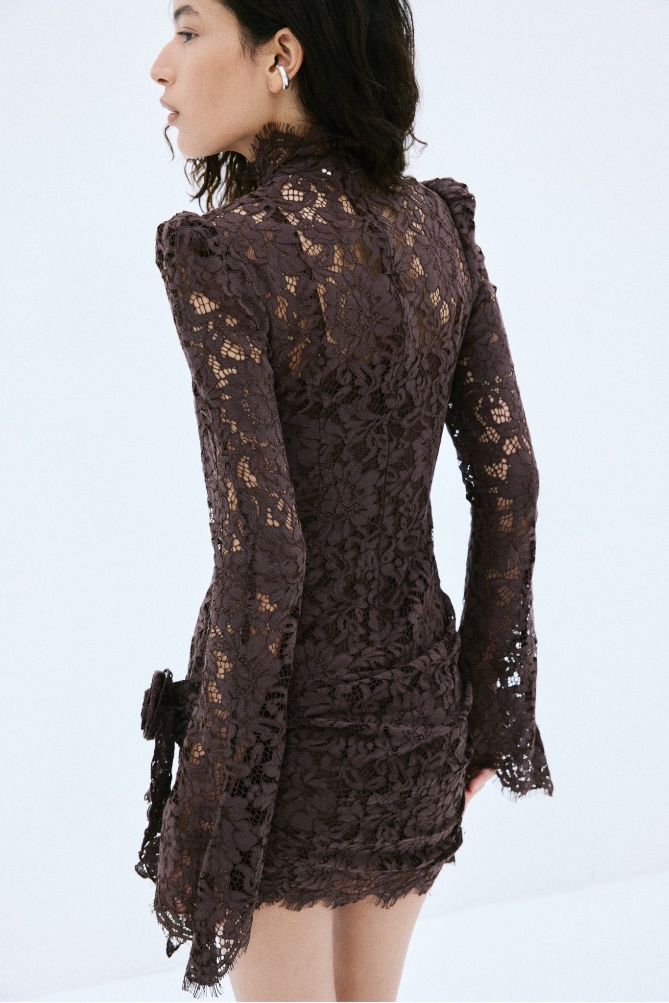 BODITA MINI DRESS IN BROWN COTTON LACE - De La Vali