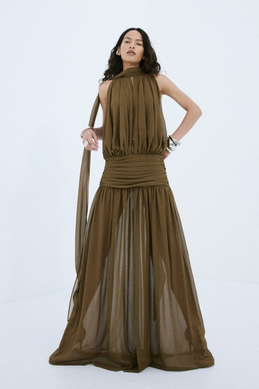 taupe chiffon maxi dress Women's Taupe Chiffon Layered Puffball Maxi Dress