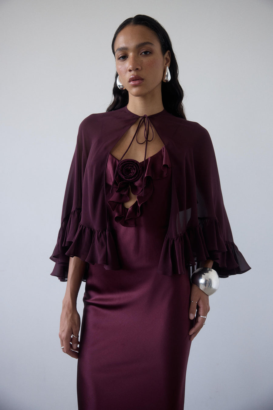 PRECIOSO CAPE IN EARTH SILK CHIFFON