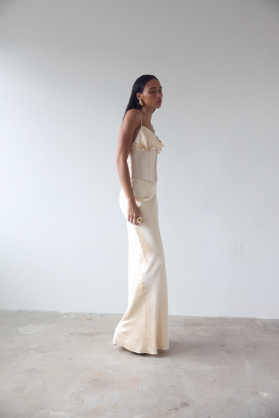 de la vali corset dress CLEODORA MAXI DRESS IN SKY SILK SATIN DE LA VALI OFFICIAL