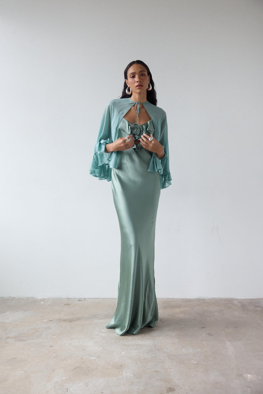 PRECIOSO CAPE IN SEA GREEN SILK CHIFFON