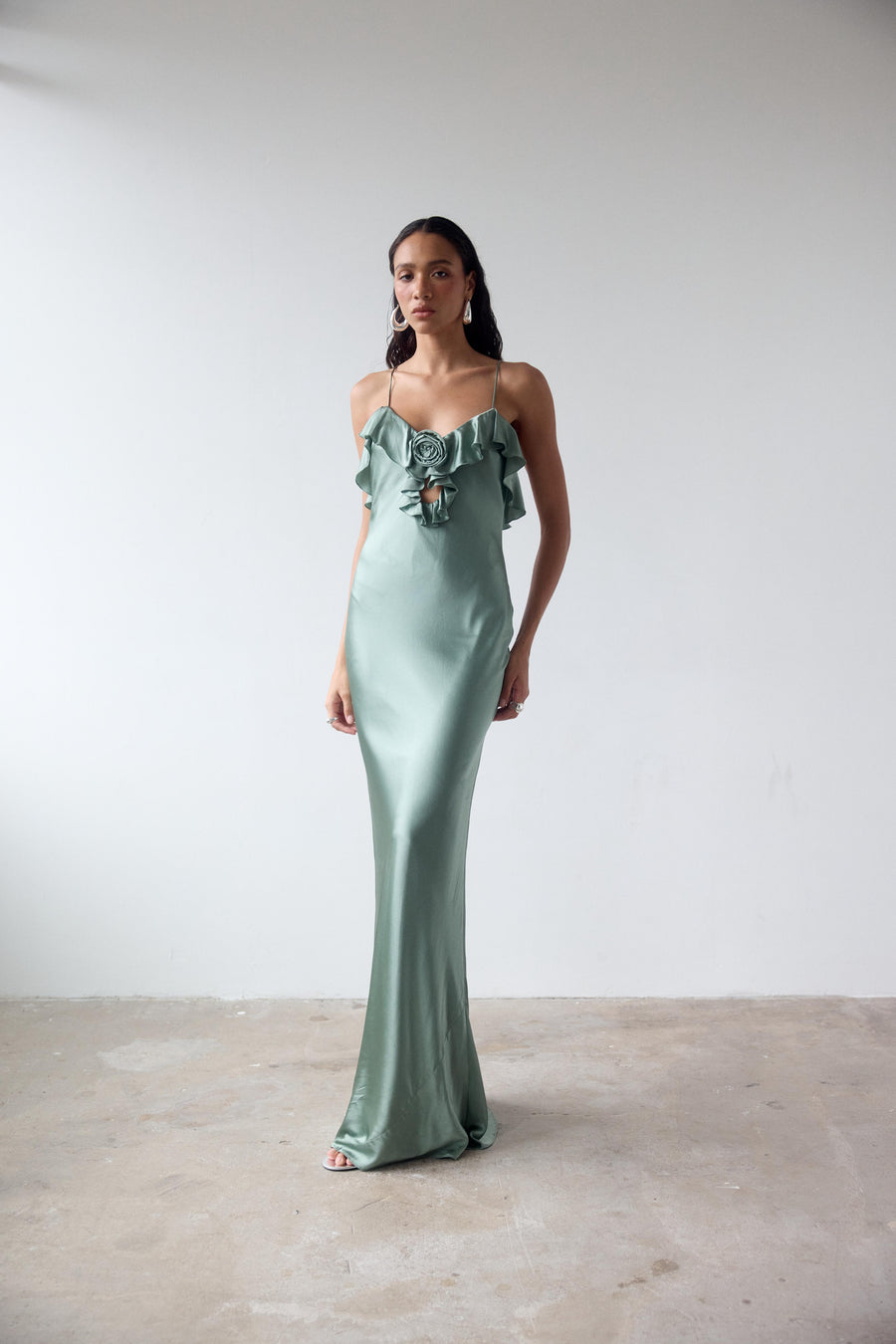 ESPERANAZA MAXI DRESS IN SEA GREEN SILK SATIN