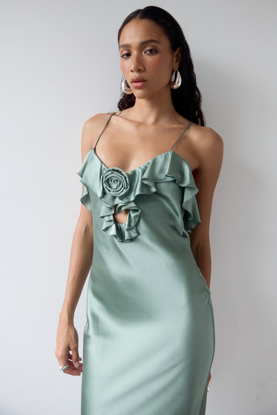 ESPERANAZA MAXI DRESS IN SEA GREEN SILK SATIN