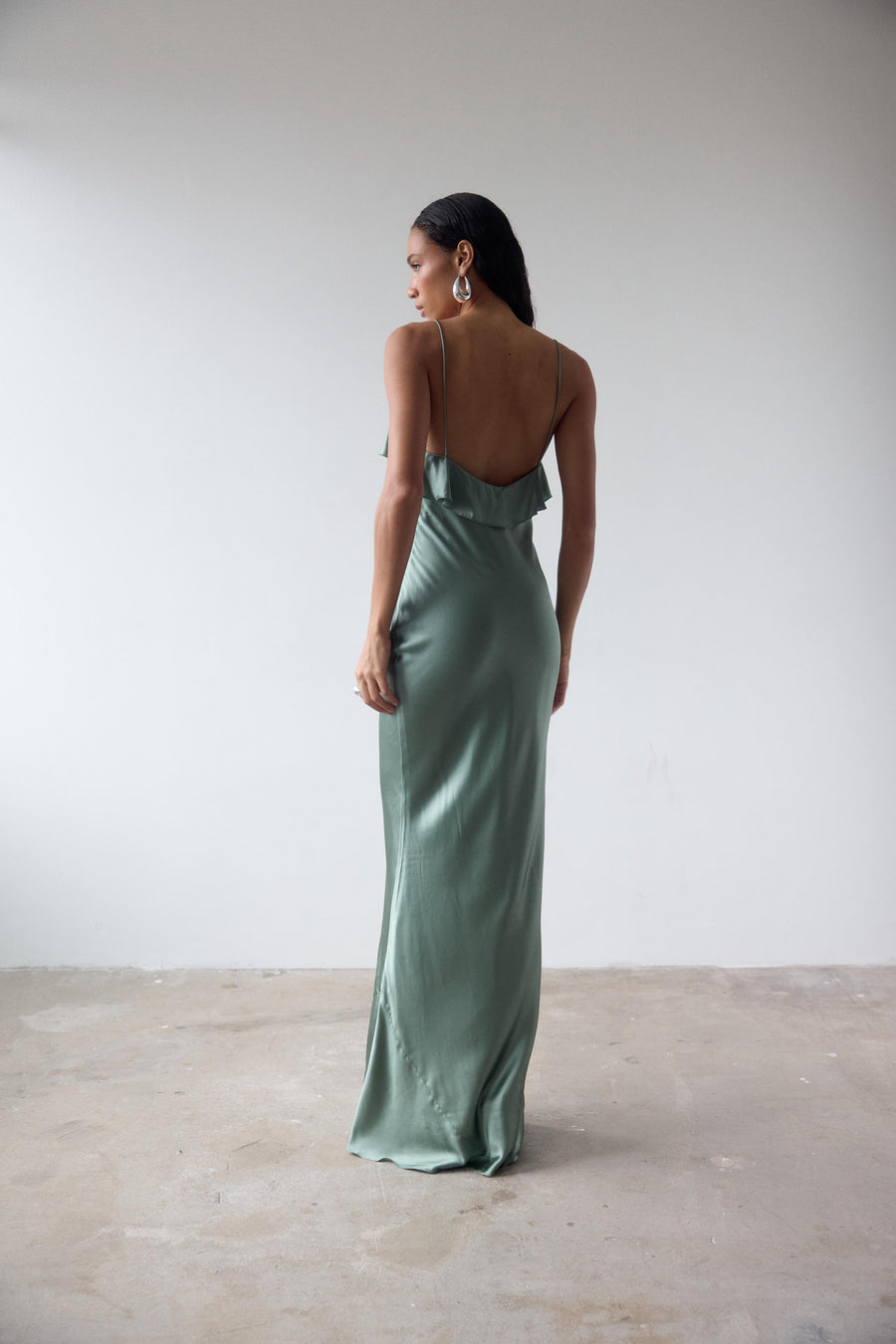 ESPERANAZA MAXI DRESS IN SEA GREEN SILK SATIN