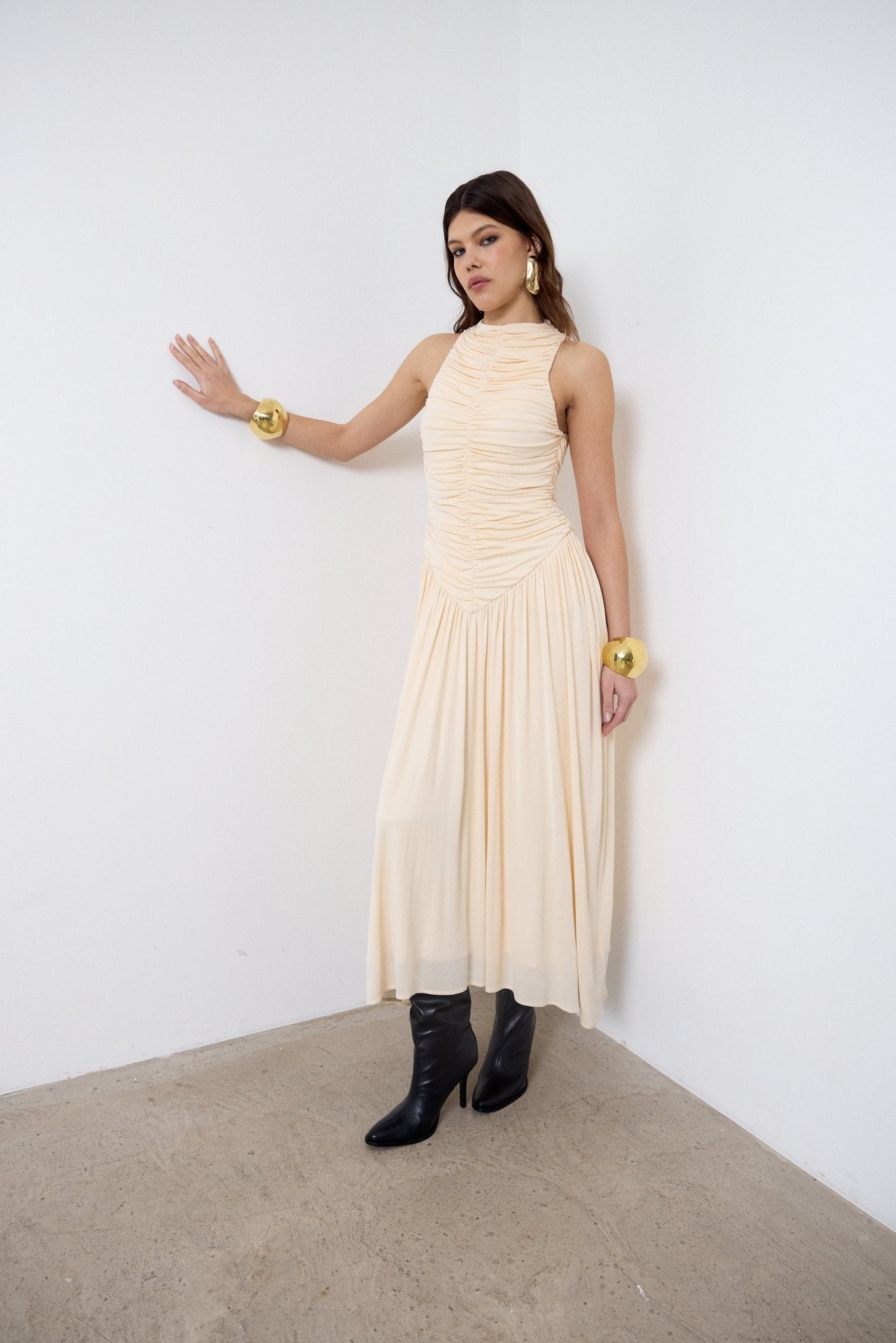 CYCLONE MIDI DRESS IN CREAM JERSEY - De La Vali