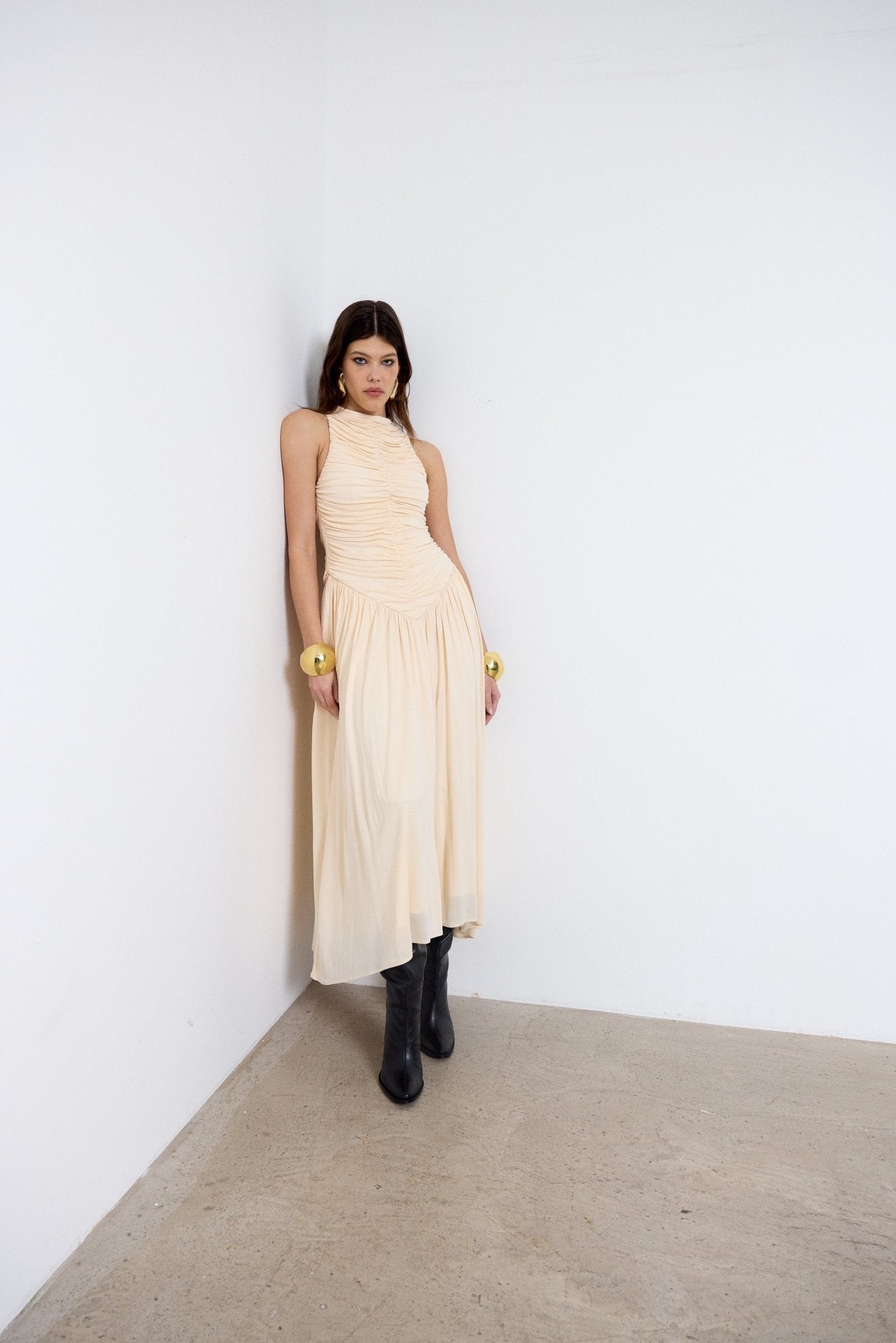 CYCLONE MIDI DRESS IN CREAM JERSEY - De La Vali
