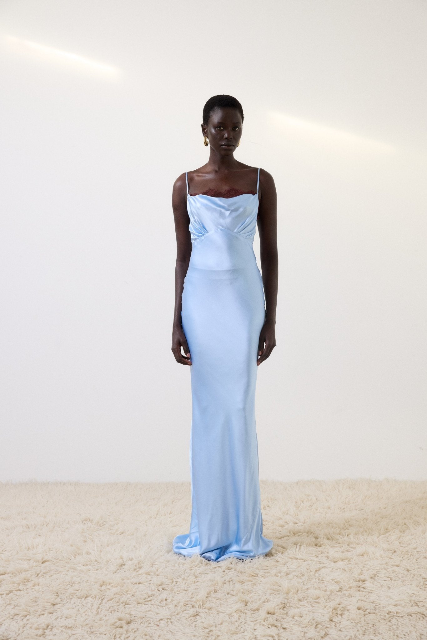 CLEODORA MAXI DRESS IN SKY SILK SATIN - De La Vali