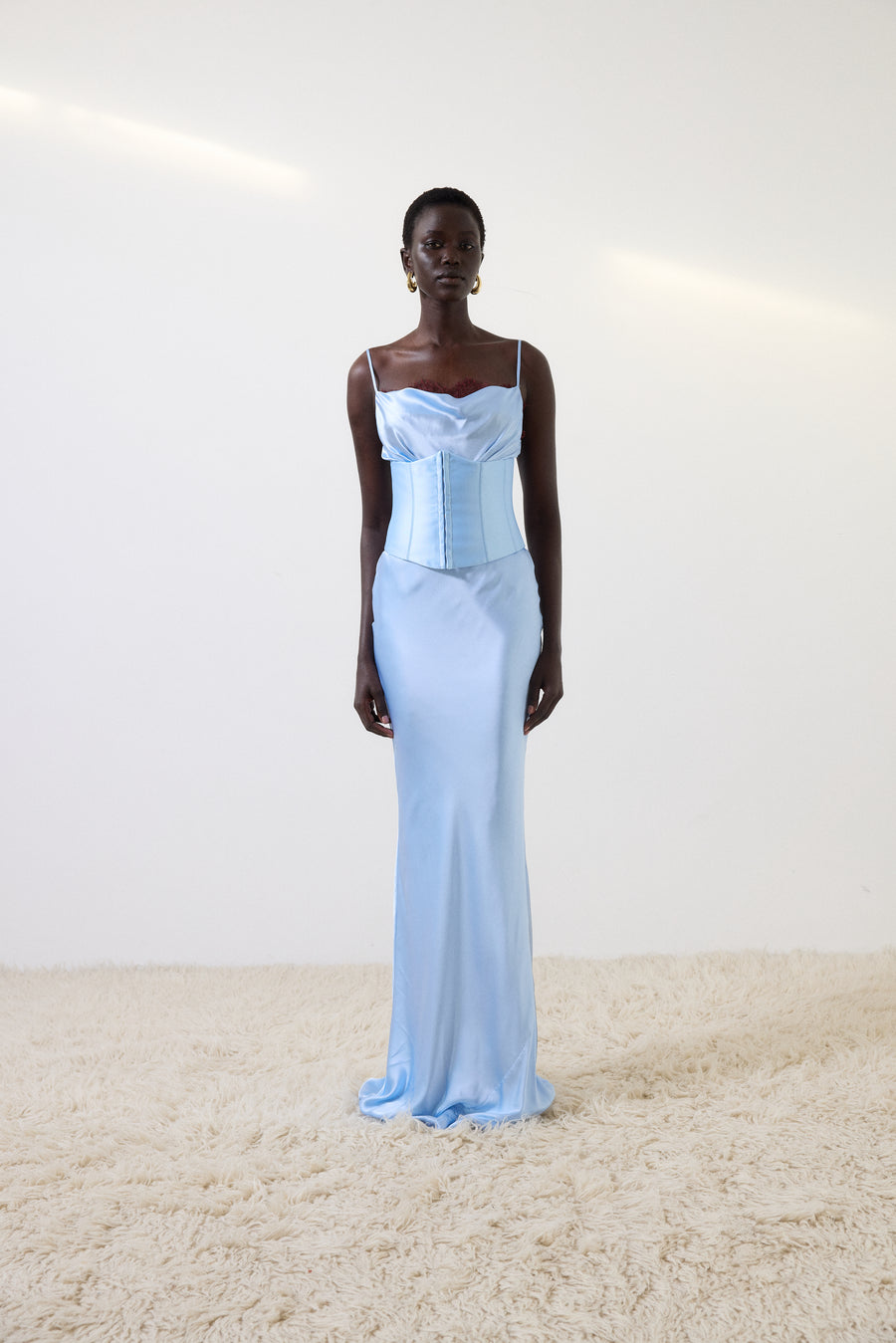 CLEODORA MAXI DRESS IN SKY SILK SATIN