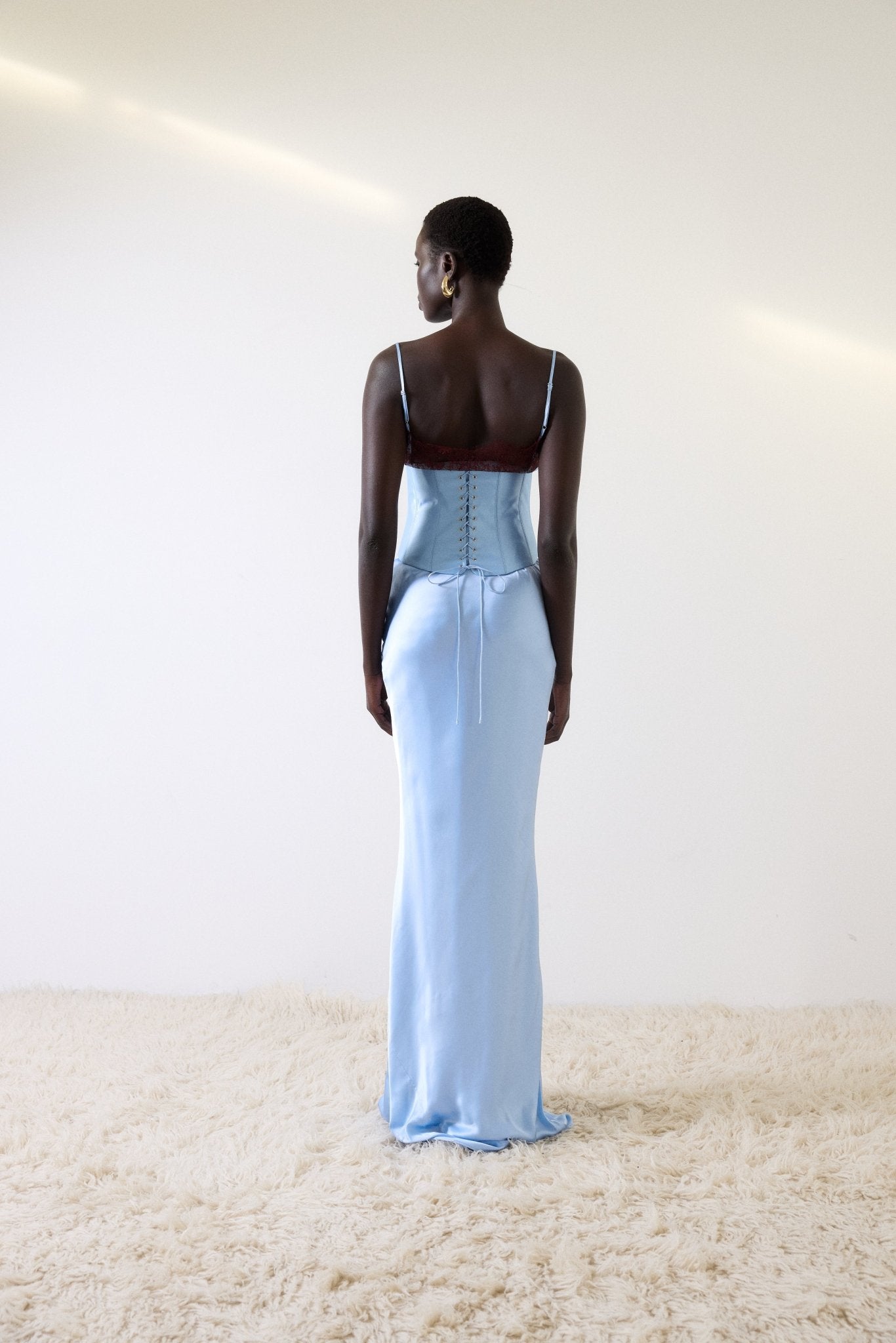 CLEODORA MAXI DRESS IN SKY SILK SATIN - De La Vali