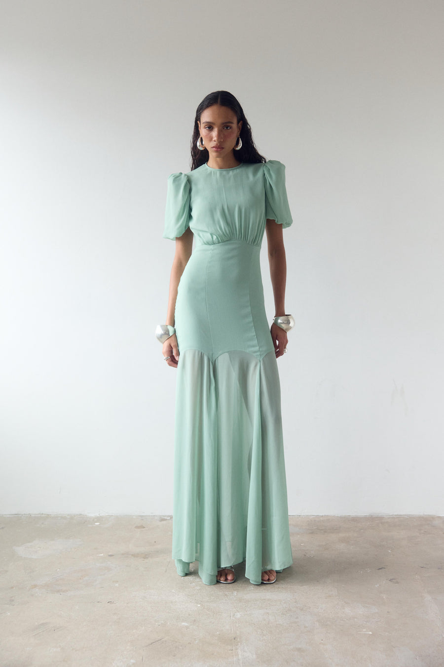 AGUA MAXI DRESS IN SEA GREEN CRINKLE CHIFFON