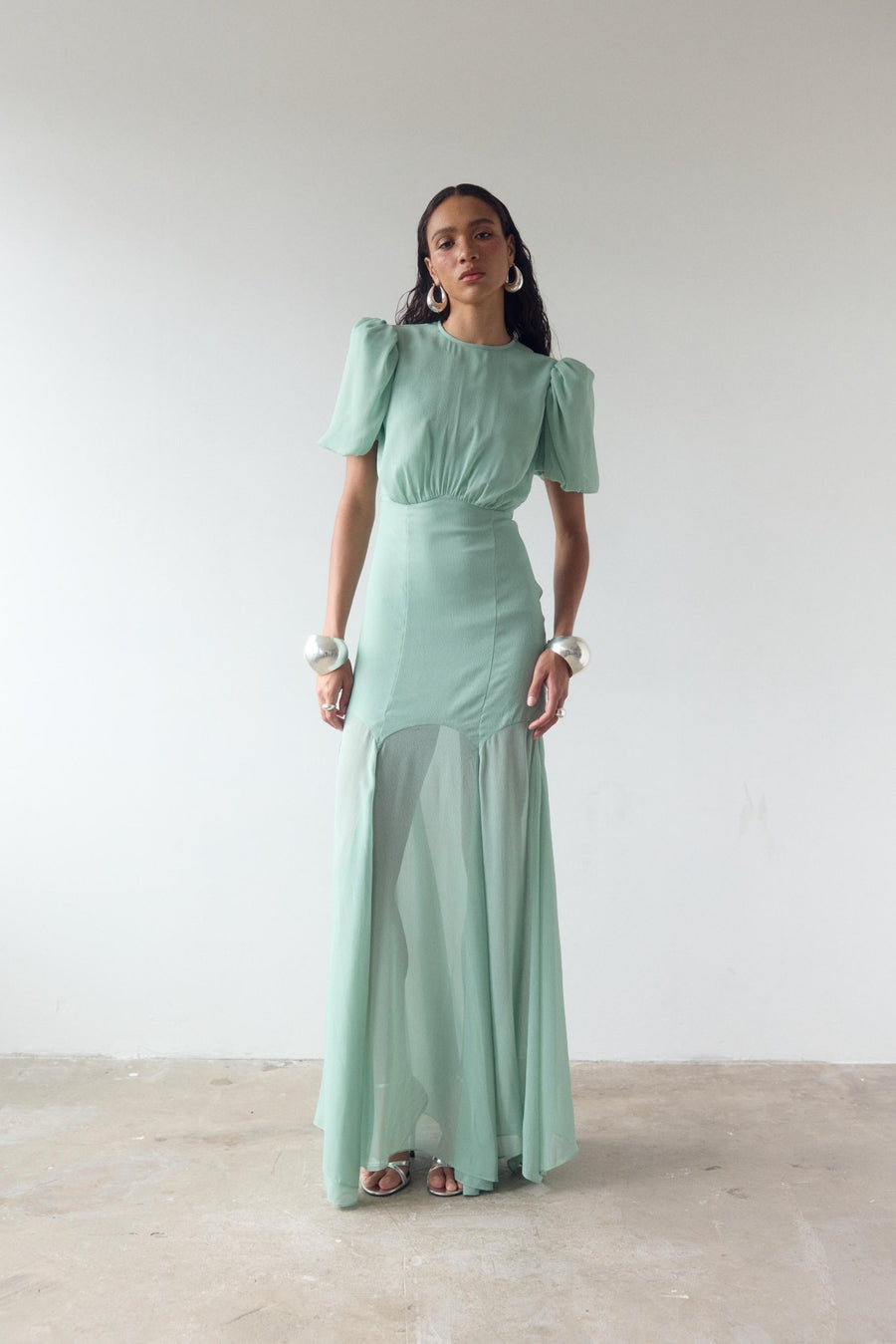 AGUA MAXI DRESS IN SEA GREEN CRINKLE CHIFFON DE LA VALI OFFICIAL AGUA MAXI DRESS IN SEA GREEN CRINKLE CHIFFON DE LA VALI OFFICIAL