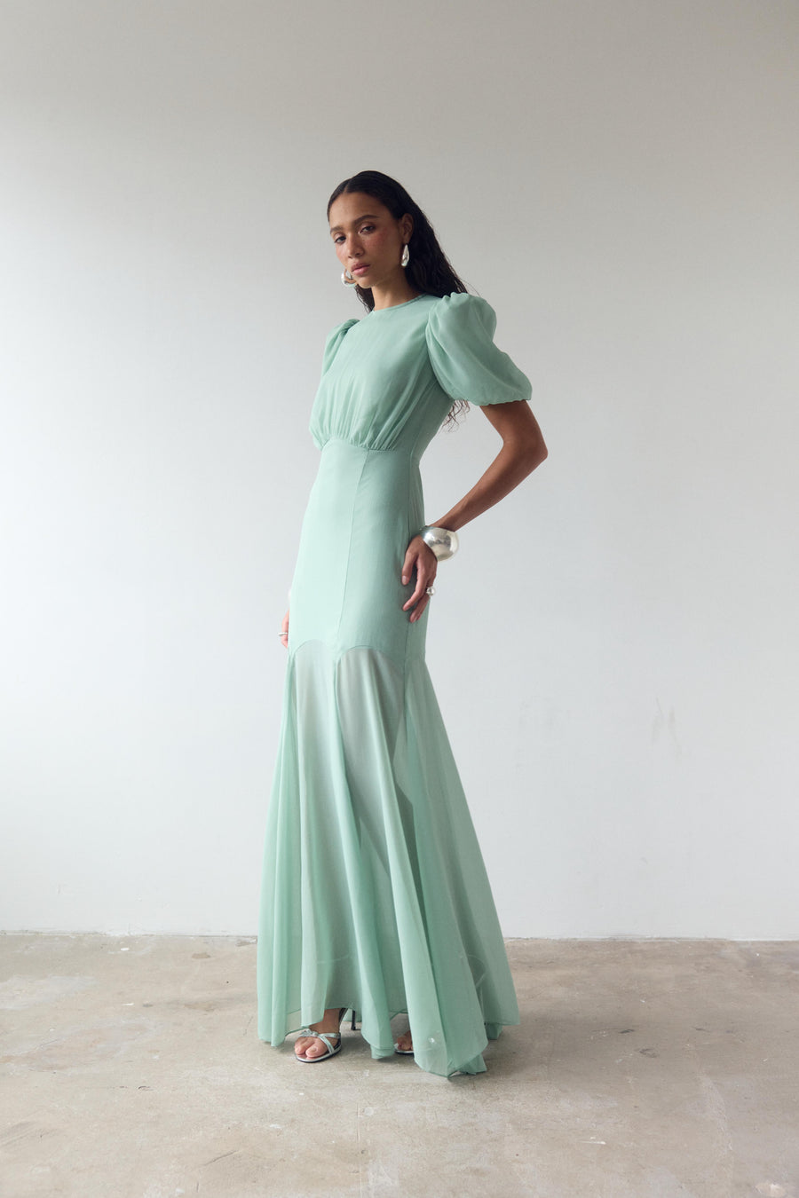 AGUA MAXI DRESS IN SEA GREEN CRINKLE CHIFFON