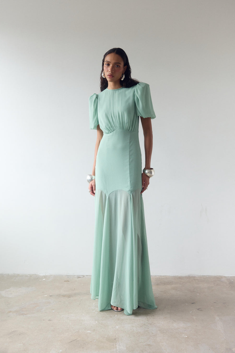 AGUA MAXI DRESS IN SEA GREEN CRINKLE CHIFFON