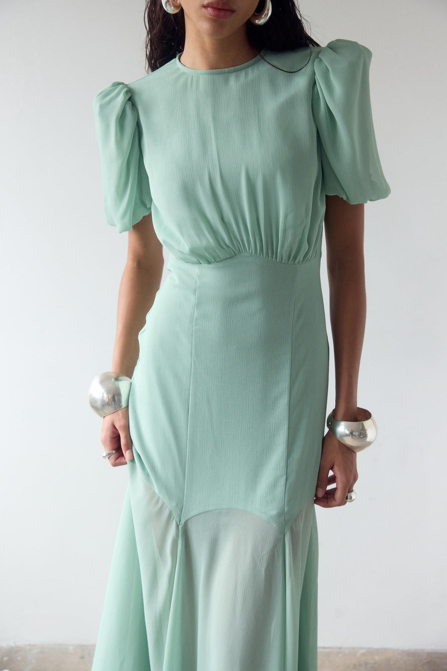 AGUA MAXI DRESS IN SEA GREEN CRINKLE CHIFFON