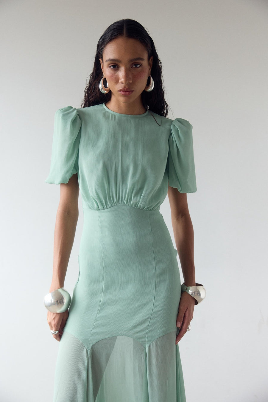 AGUA MAXI DRESS IN SEA GREEN CRINKLE CHIFFON DE LA VALI OFFICIAL AGUA MAXI DRESS IN SEA GREEN CRINKLE CHIFFON DE LA VALI OFFICIAL