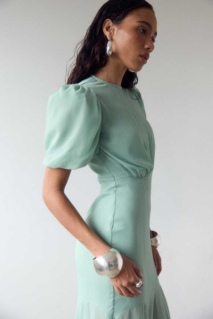 AGUA MAXI DRESS IN SEA GREEN CRINKLE CHIFFON
