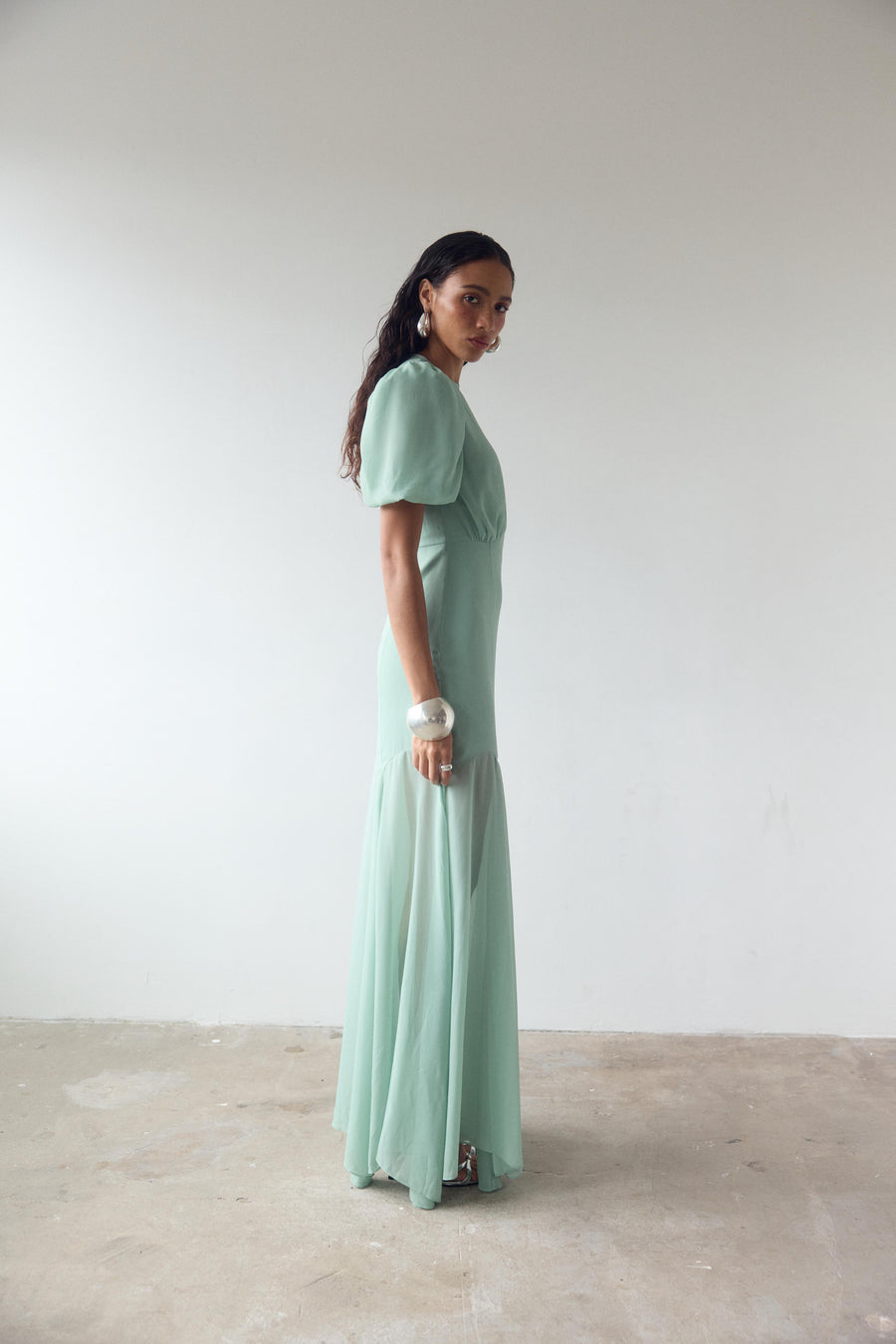 AGUA MAXI DRESS IN SEA GREEN CRINKLE CHIFFON