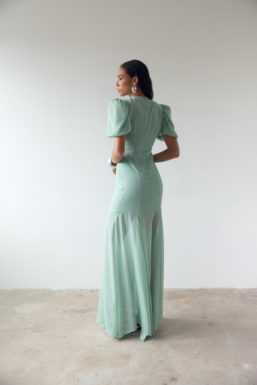 AGUA MAXI DRESS IN SEA GREEN CRINKLE CHIFFON