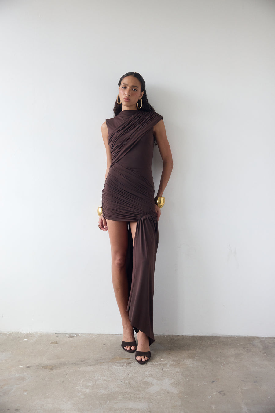 RAVENNA MINI DRESS IN CHOCOLATE BROWN JERSEY