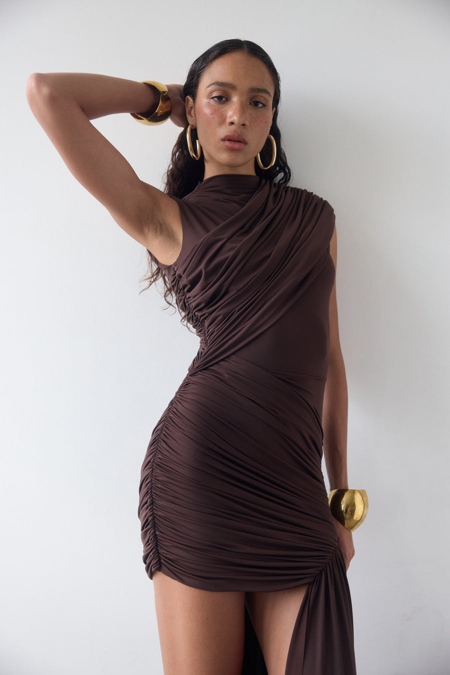 RAVENNA MINI DRESS IN CHOCOLATE BROWN JERSEY